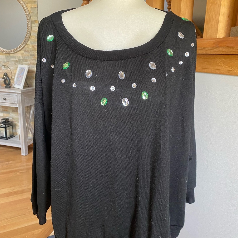 Almost Famous Black Top with Green and Silver Embellishments
